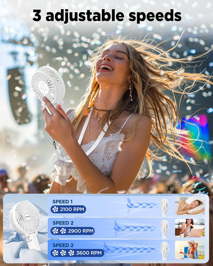 Handheld Fans [2X Crossbody Straps/2Xdiy Stickers] for Portable Fan and Phones -Up to 10H Rechargeable Foldable Hand Desktop Fan for Home and Travel - White