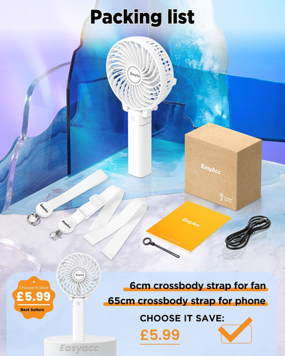 Handheld Fans [2X Crossbody Straps/2Xdiy Stickers] for Portable Fan and Phones -Up to 10H Rechargeable Foldable Hand Desktop Fan for Home and Travel - White